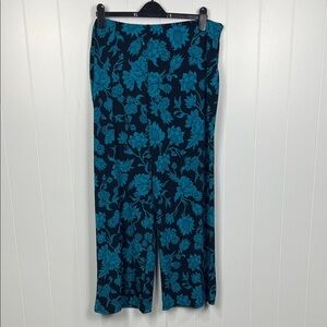 JM Collection Womens Wide Leg Pant XL Navy Turquoise Floral Design Pull-On NWT